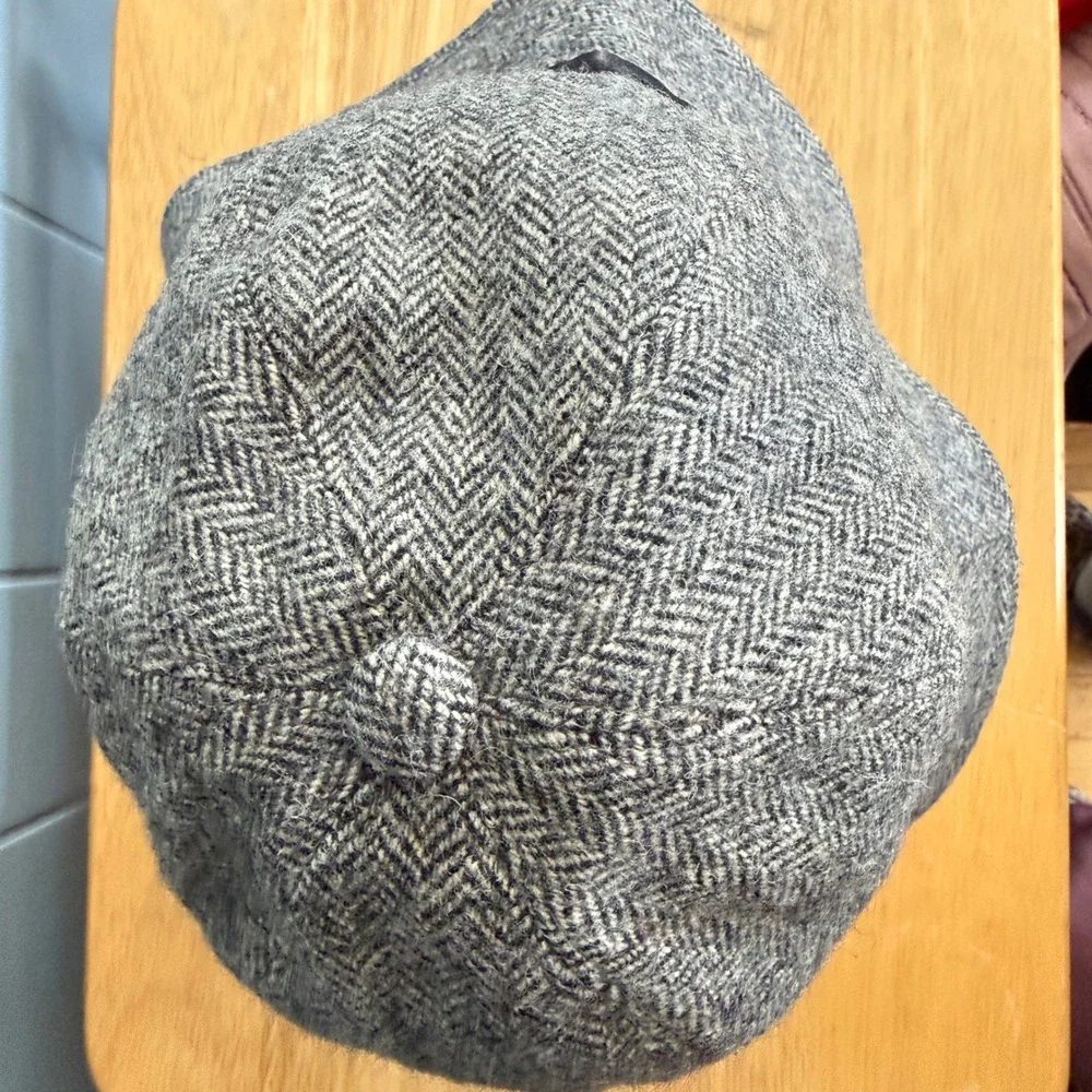 Vtg Coach‎ Wool Herringbone Bucket Hat Leather Trim Gray British Heritage Twee